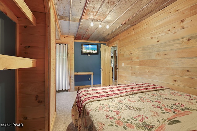 980 Long Ridge Rd, Hawley, PA 18428 - carpeted bedroom featuring wooden walls and wood ceiling