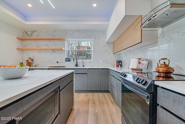 328 Forest Dr, Lords Valley, PA 18428 - kitchen featuring range with electric stovetop, ventilation hood, gray cabinetry, light wood-style floors, and tasteful backsplash