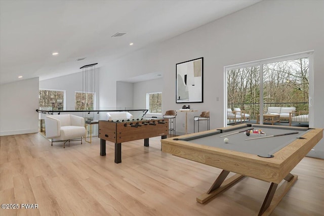 328 Forest Dr, Lords Valley, PA 18428 - playroom featuring lofted ceiling, light wood finished floors, billiards, and recessed lighting