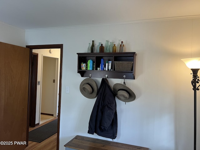 interior space featuring crown molding and wood finished floors