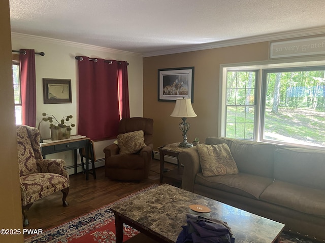 110 Stonefield Rd, Milford, PA 18337 - living area featuring wood finished floors, ornamental molding, and baseboard heating