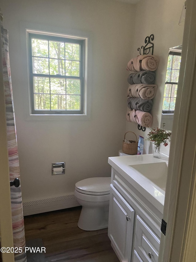 110 Stonefield Rd, Milford, PA 18337 - full bathroom featuring a baseboard heating unit, vanity, and wood finished floors