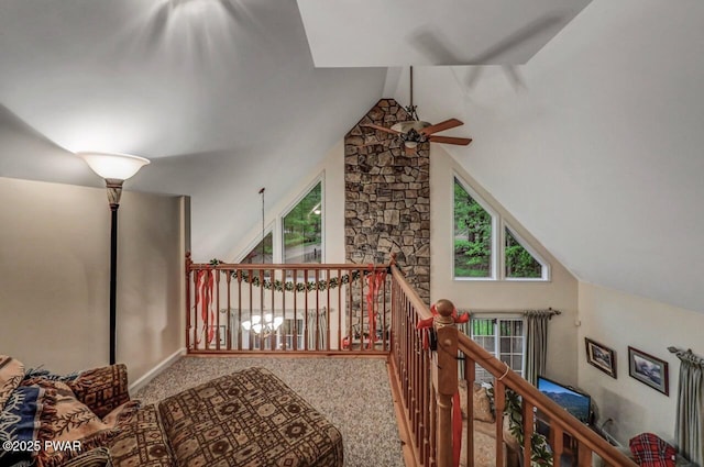 107 Musket Dr, Lackawaxen, PA 18435 - additional living space featuring ceiling fan, carpet floors, baseboards, and high vaulted ceiling