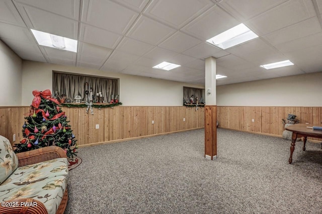 107 Musket Dr, Lackawaxen, PA 18435 - rec room featuring wainscoting, wooden walls, a paneled ceiling, carpet, and baseboards