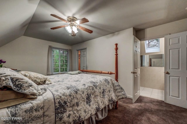 107 Musket Dr, Lackawaxen, PA 18435 - bedroom with carpet floors, a ceiling fan, and lofted ceiling