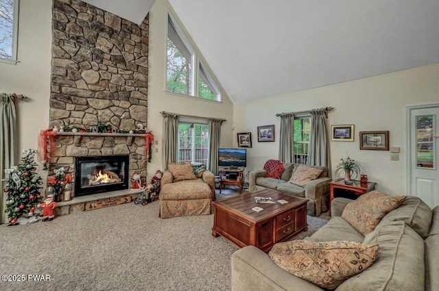 107 Musket Dr, Lackawaxen, PA 18435 - living area featuring high vaulted ceiling, carpet flooring, and a fireplace