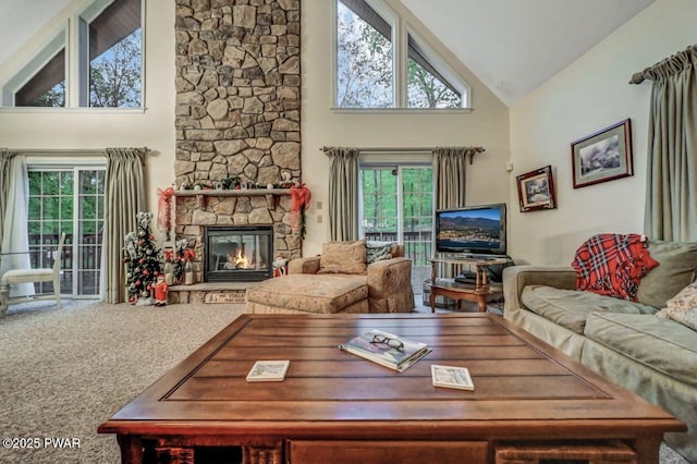 107 Musket Dr, Lackawaxen, PA 18435 - living area featuring high vaulted ceiling, carpet floors, and a fireplace