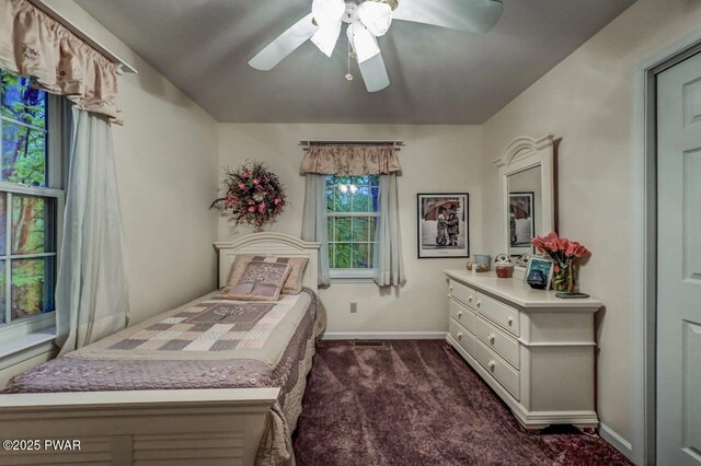 107 Musket Dr, Lackawaxen, PA 18435 - bedroom with dark carpet, baseboards, and a ceiling fan