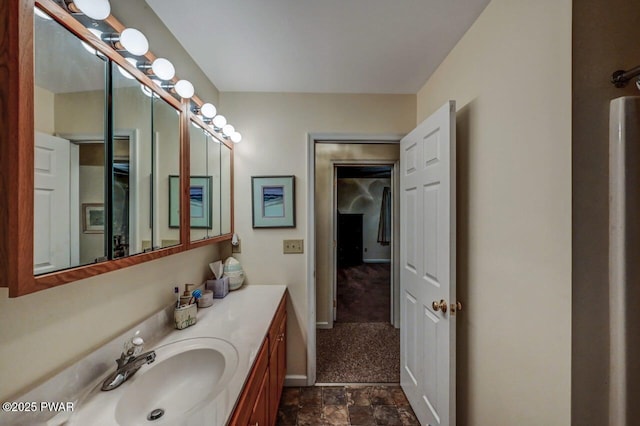107 Musket Dr, Lackawaxen, PA 18435 - bathroom with vanity, baseboards, and stone finish flooring
