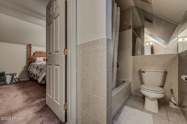 107 Musket Dr, Lackawaxen, PA 18435 - full bath with tile walls, shower / bath combo, toilet, and tile patterned floors