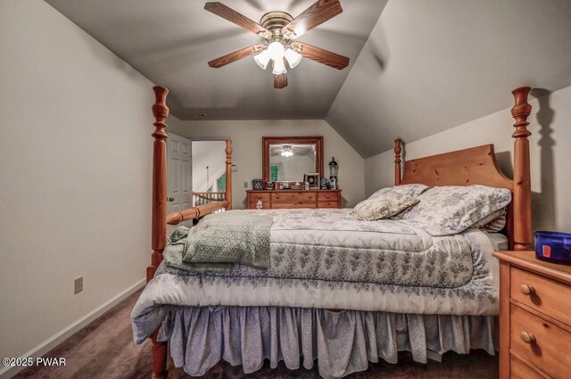 107 Musket Dr, Lackawaxen, PA 18435 - carpeted bedroom with baseboards, vaulted ceiling, and a ceiling fan
