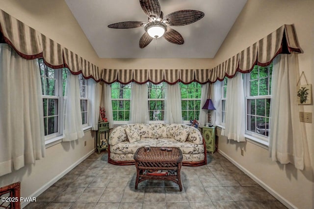 107 Musket Dr, Lackawaxen, PA 18435 - living area with lofted ceiling, ceiling fan, baseboards, and tile patterned floors