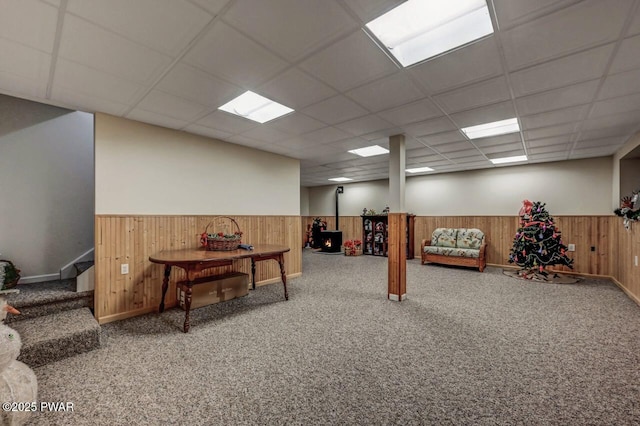 107 Musket Dr, Lackawaxen, PA 18435 - finished below grade area with wainscoting, carpet, wooden walls, a paneled ceiling, and stairs