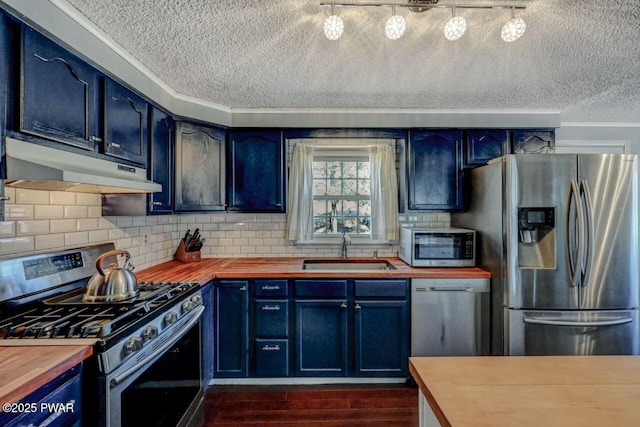 kitchen with a sink, under cabinet range hood, appliances with stainless steel finishes, and wood counters