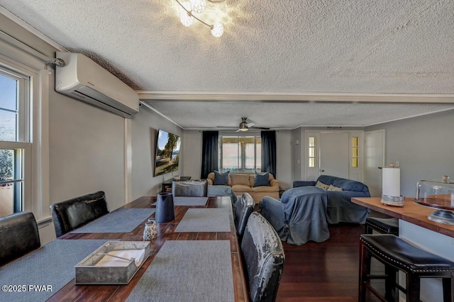 dining space featuring ceiling fan, wood finished floors, a wall mounted air conditioner, and a textured ceiling