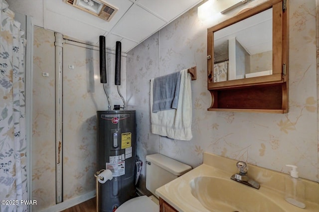 full bathroom featuring visible vents, toilet, curtained shower, water heater, and wallpapered walls