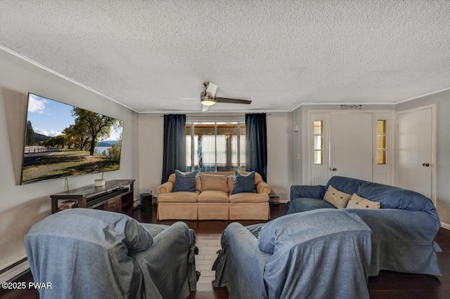 living room featuring crown molding, wood finished floors, and a baseboard radiator