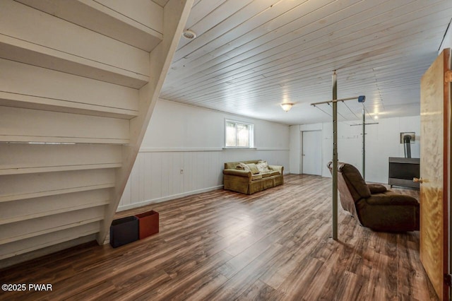 interior space with wood finished floors and wooden ceiling