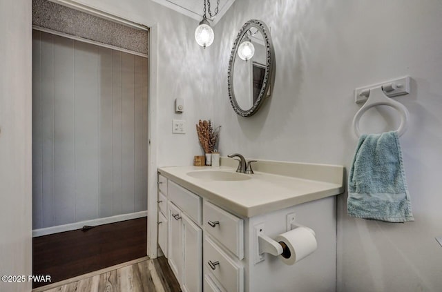 bathroom with vanity, wooden walls, wood finished floors, and baseboards