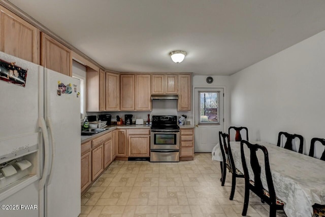 kitchen with light brown cabinetry, sink, stainless steel electric range, and white refrigerator with ice dispenser