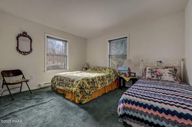 carpeted bedroom with a baseboard radiator