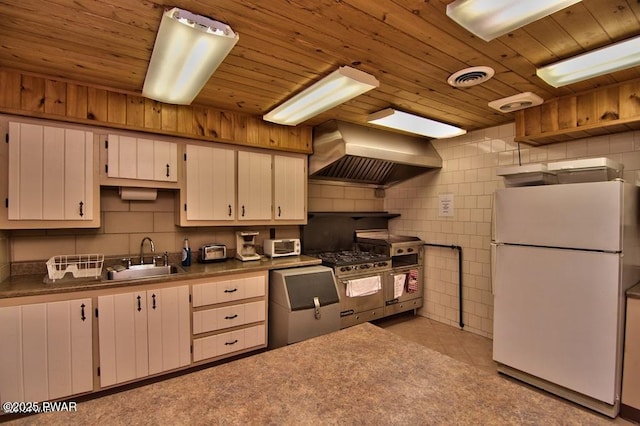 kitchen featuring sink, white cabinets, white refrigerator, wooden ceiling, and wall chimney exhaust hood