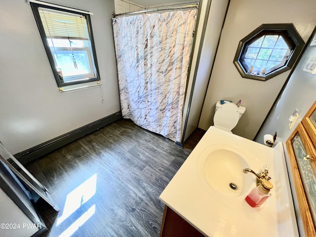 bathroom with hardwood / wood-style floors, vanity, and toilet