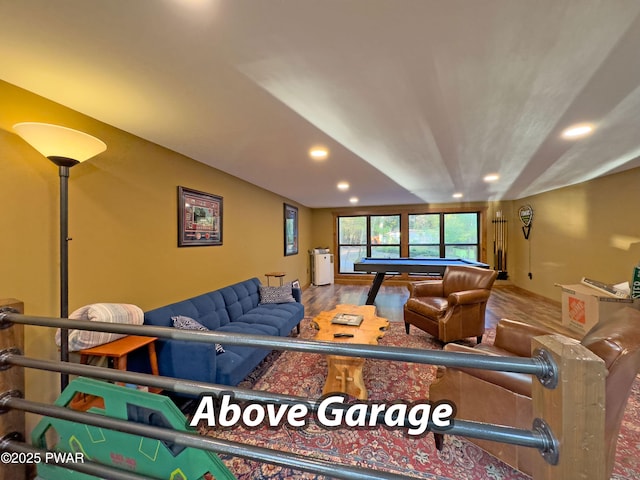 living room with lofted ceiling, recessed lighting, billiards, and wood finished floors