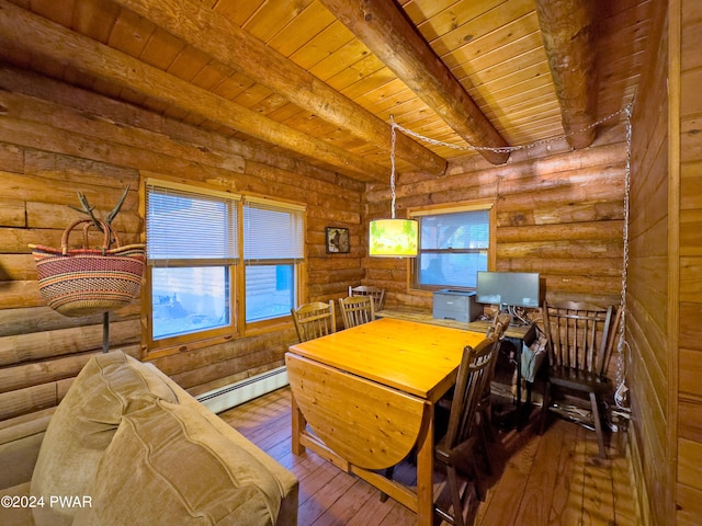 dining room with beamed ceiling, log walls, and a baseboard radiator