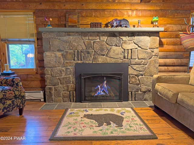 details featuring hardwood / wood-style floors, a fireplace, and rustic walls