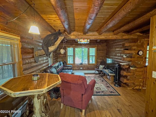 living room with hardwood / wood-style floors, rustic walls, wood ceiling, and beam ceiling