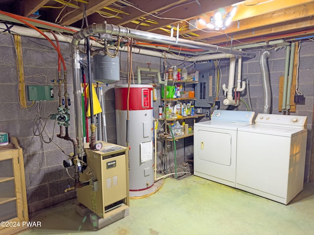 basement featuring separate washer and dryer, electric panel, and water heater