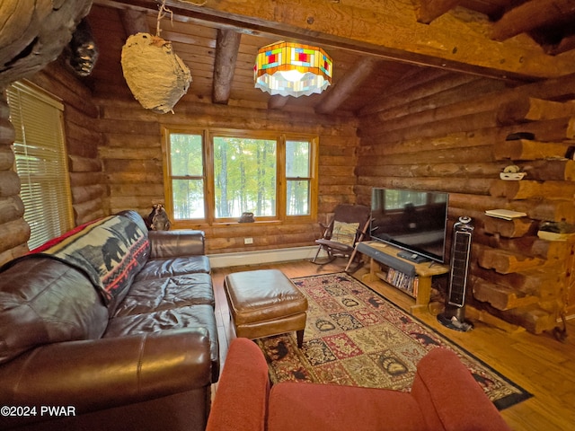 living room with hardwood / wood-style floors, beam ceiling, wood ceiling, and rustic walls