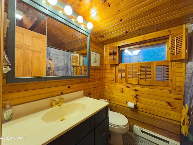 bathroom featuring baseboard heating, wood walls, toilet, vanity, and wood ceiling