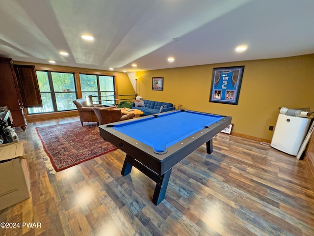 recreation room with wood-type flooring and billiards