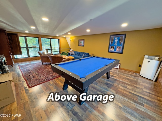 rec room with pool table, recessed lighting, and wood finished floors
