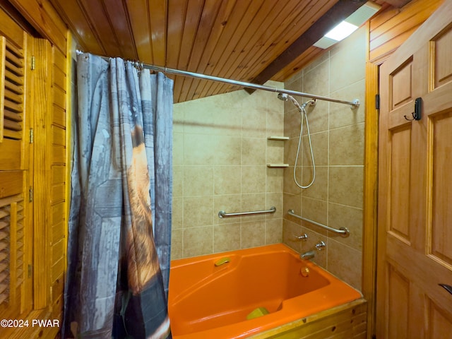 bathroom with shower / tub combo, lofted ceiling, and wood ceiling