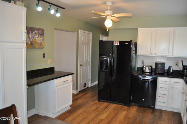 kitchen featuring black appliances, tasteful backsplash, dark wood-style flooring, and white cabinets