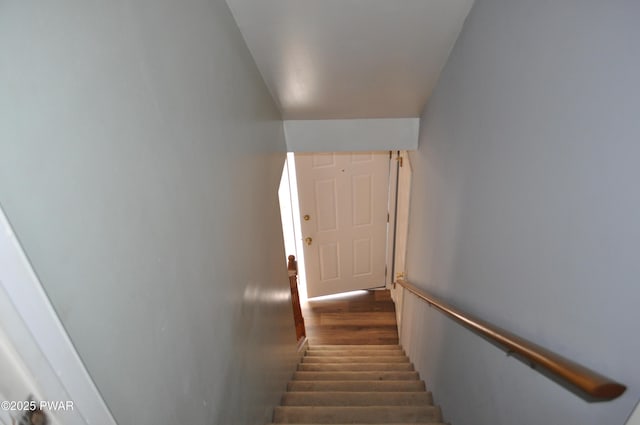 stairs featuring wood finished floors