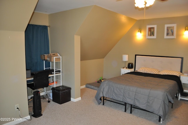 bedroom featuring carpet floors, lofted ceiling, ceiling fan, and baseboards