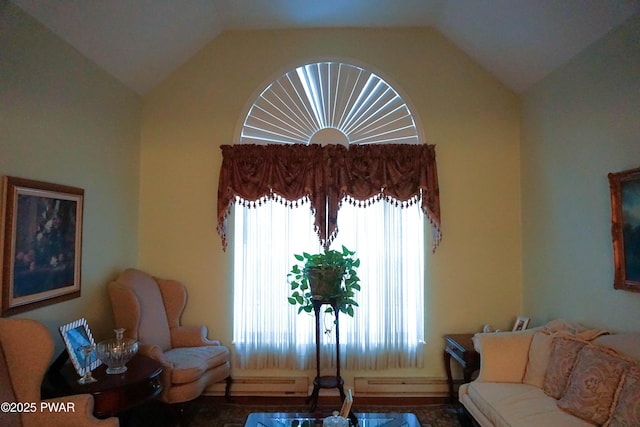 living room with a baseboard radiator, lofted ceiling, and a wealth of natural light