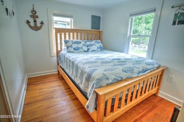 bedroom featuring multiple windows, hardwood / wood-style floors, and electric panel