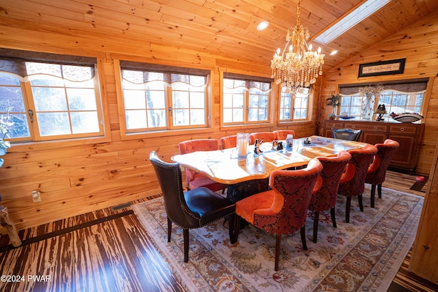 dining room featuring wooden ceiling, wooden walls, and a chandelier