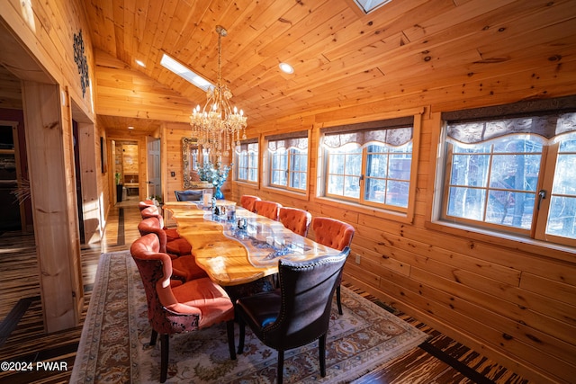 dining room featuring a skylight, a chandelier, wood-type flooring, wooden walls, and wood ceiling