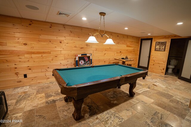 playroom featuring billiards and wood walls