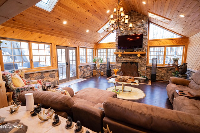 living room featuring hardwood / wood-style floors, wooden ceiling, high vaulted ceiling, and french doors