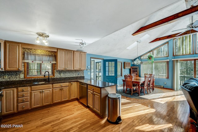 kitchen with lofted ceiling with beams, dishwasher, tasteful backsplash, sink, and light hardwood / wood-style flooring