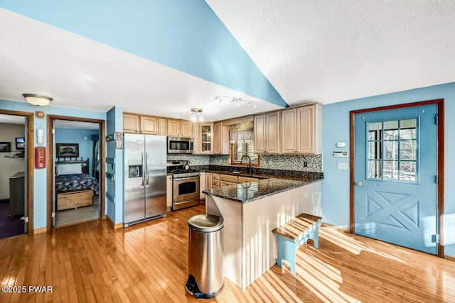 kitchen with sink, decorative backsplash, light hardwood / wood-style floors, kitchen peninsula, and stainless steel appliances