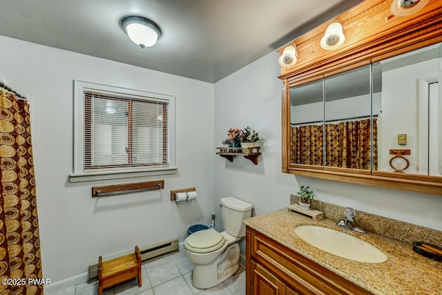 bathroom with a baseboard radiator, vanity, toilet, and tile patterned flooring