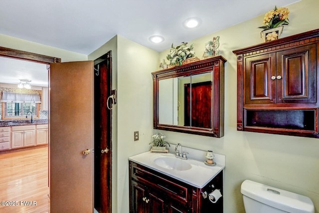 bathroom with vanity, toilet, and wood-type flooring